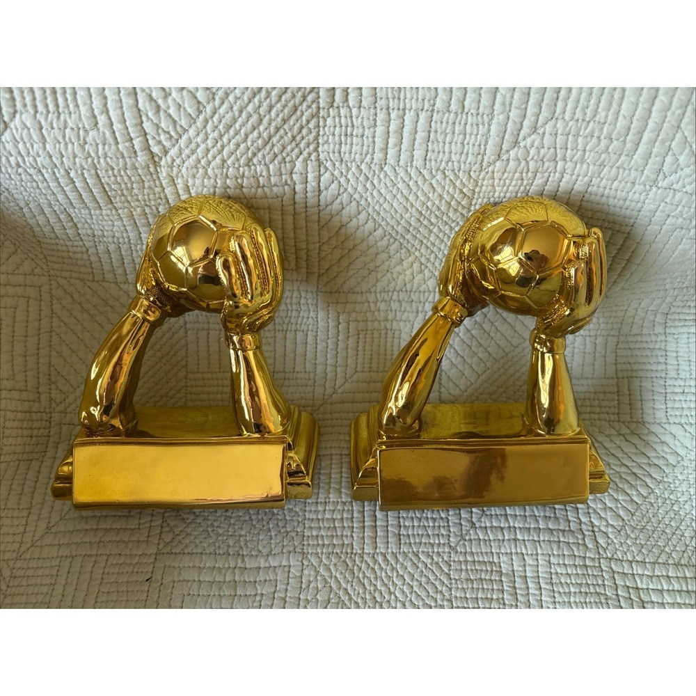 Vintage Set Gold Soccer Trophy Pair Hands Holding Ball 6" Sports Decor Awards